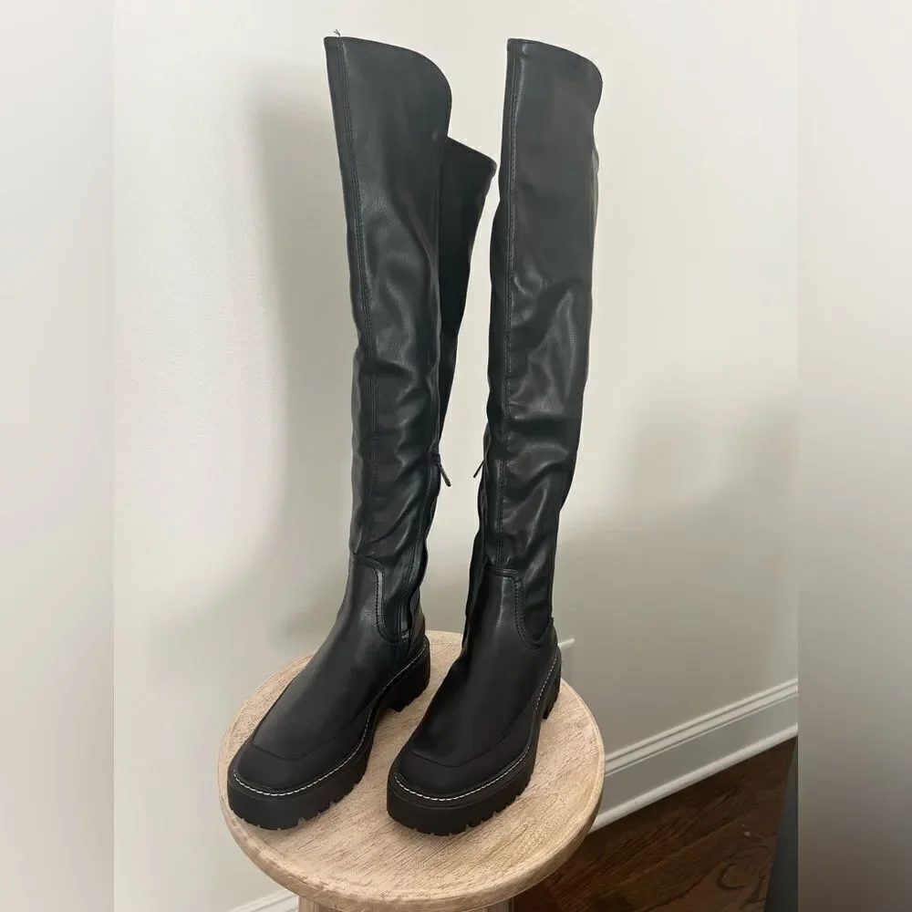 Sam Edelman Lerue Over The Knee Stretch Side Zip Lug Combat Boots Black NWOB